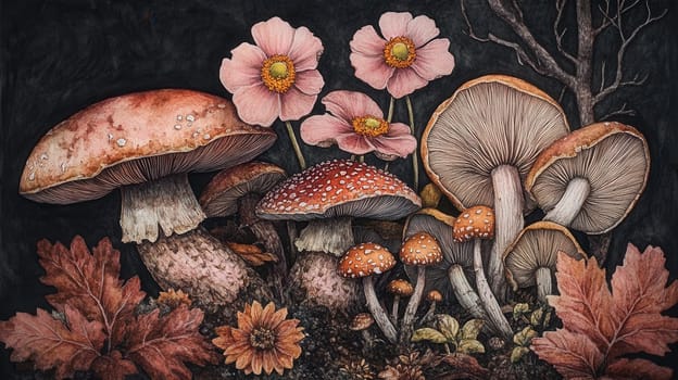 Detailed botanical illustration with mushrooms