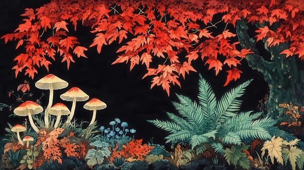 Detailed botanical illustration with mushrooms