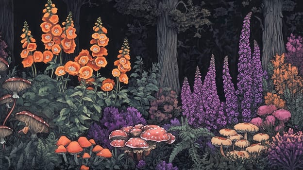 Detailed botanical illustration with mushrooms