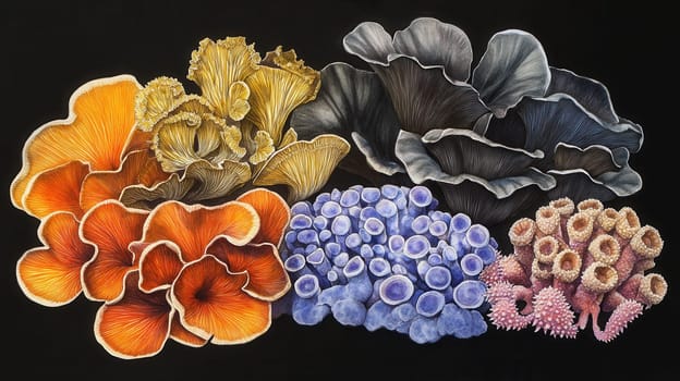 Detailed botanical drawing showcasing mushrooms