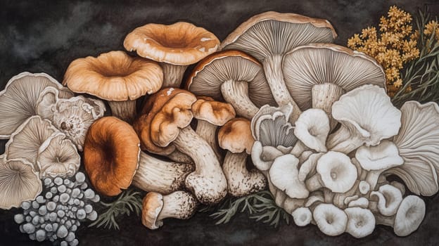Detailed botanical drawing showcasing mushrooms