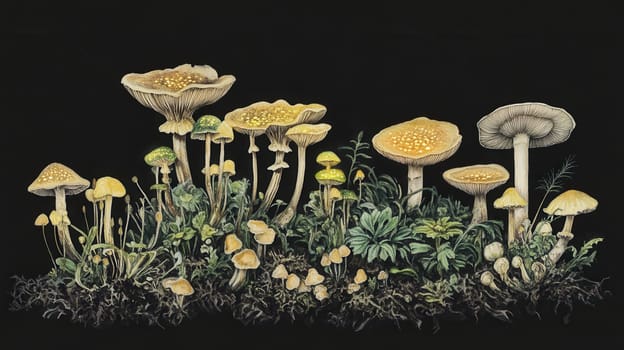 Detailed botanical drawing showcasing mushrooms