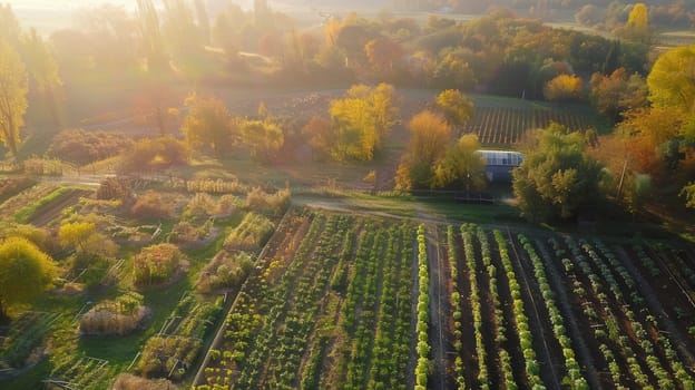 An aerial view showcasing a vibrant vegetable garden with various crops thriving below