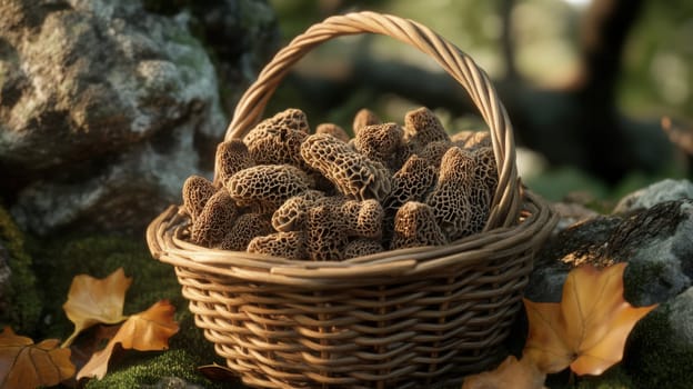 Wild mushroom foraging in the forest background