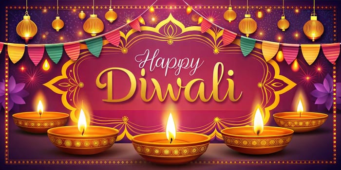 Happy Diwali. Indian festivals of light with Diya oil lamps and lanterns. Greetings banner. High quality photo