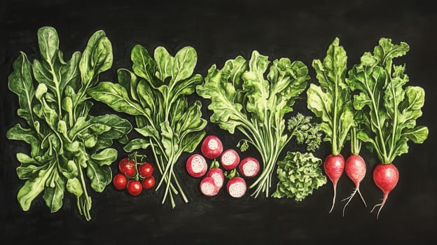 Detailed botanical drawing of vegetable harvest on dark