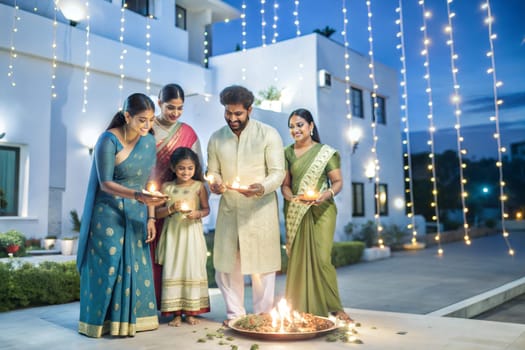 Portrait of an Indian Family Celebrating Divali by Putting Lamps in Their Backyard. Happy Young Parents and Their Exited Children Participating in Hindu Religious Festivities, Festival of Lights. Ai generated