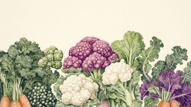 Detailed botanical drawing of vegetable harvest on light