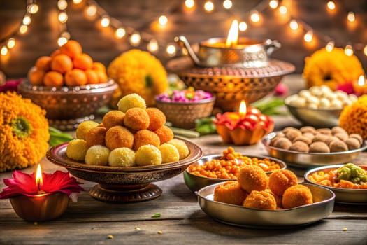 Diwali sweets Gujiya barfi Motichoor Laddu Rasmalai Indian sweet dessert mithai festival dish Dussehra Holi ganesh chaturthi Ram navami Durga puja durga ashtami Navratri Mumbai Kerala India Sri Lanka. Ai generated