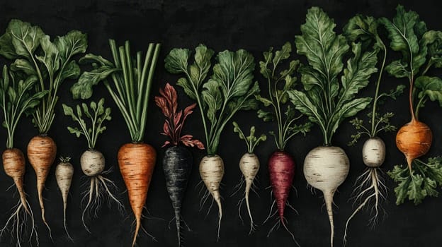 Detailed botanical drawing of vegetable harvest on dark