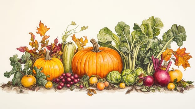 Detailed botanical drawing of vegetable harvest on light