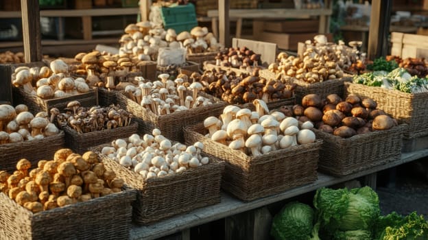 Farmers' market with mushrooms in containers