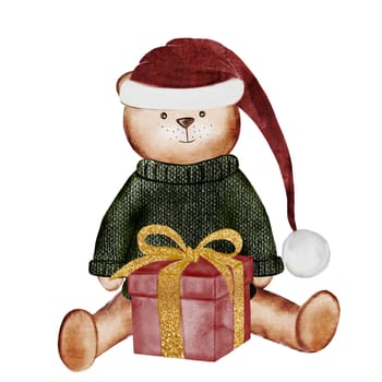 Christmas toy bear. Watercolor illustration hand drawing cute animal with a gift box. Clip art of a bear in a Christmas hat and a warm sweater isolated on a white background. Children's design. Ideal for New Year cards, posters and stickers Clumsy cute animal