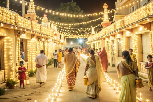 Indian street is decorated with diwali lights for the occassion of Diwali, deepabali or deepavali. It is the festival of light, good over darkness, evil. Ai generated