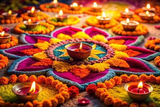 Traditional diya lamps lit on colorful rangoli. Indian Diwali festival decorations. Ai generated
