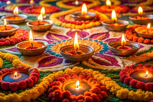 Traditional diya lamps lit on colorful rangoli. Indian Diwali festival decorations. Ai generated