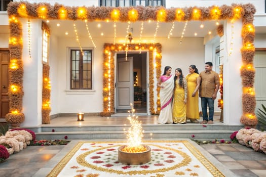 House decorated for Diwali. Indian Family Celebrating Diwali on Their Decorated yard. Hindu Festival of Lights. Ai decorated
