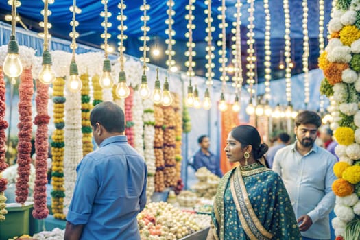 People doing shopping in decorated market on the occasion of Diwali Eve a Hindu Festival. Diwali market. Ai generated