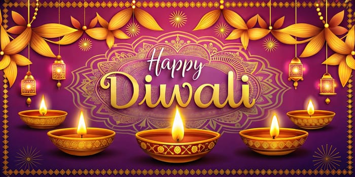Happy Diwali. Indian festivals of light with Diya oil lamps and lanterns. Greetings banner. High quality photo