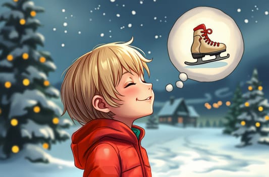 The boy dreams of receiving skates as a Christmas present