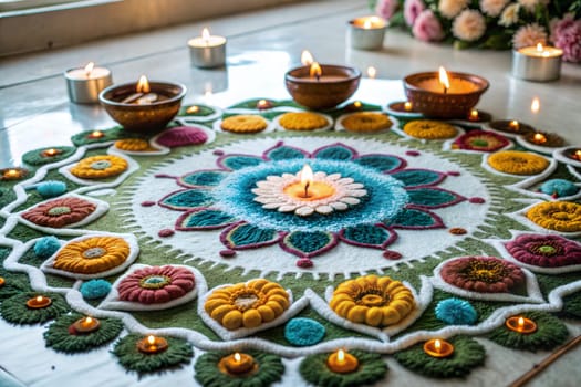 Traditional diya lamps lit on colorful rangoli. Indian Diwali festival decorations. Ai generated