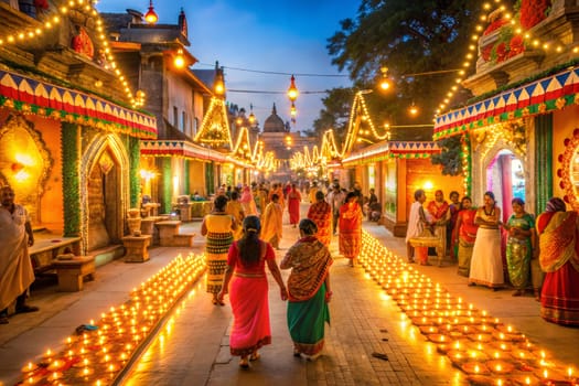 Indian street is decorated with diwali lights for the occassion of Diwali, deepabali or deepavali. It is the festival of light, good over darkness, evil. Ai generated