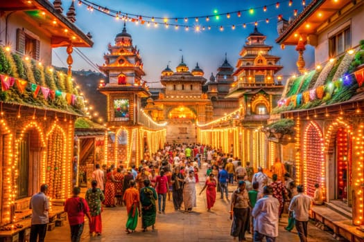 Indian street is decorated with diwali lights for the occassion of Diwali, deepabali or deepavali. It is the festival of light, good over darkness, evil. Ai generated