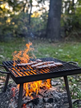 A barbecue grill with sizzling steaks over an open flame, set in a lush green outdoor setting.