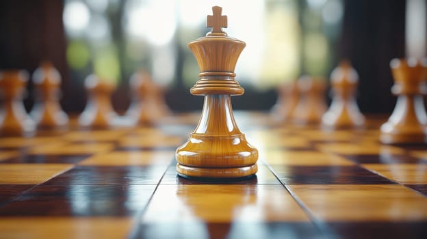 Wooden chess king on a chessboard. Concept of strategy, leadership, power, and victory.