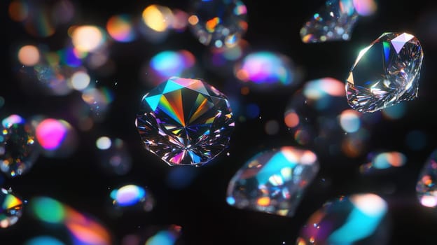 Diamonds scattering with colorful light dispersion. 3D rendering of luxury gemstone background.
