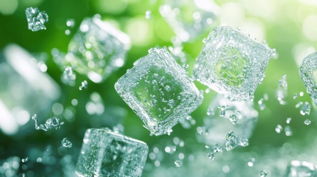 Ice cubes submerged in water with bubbles, creating a refreshing visual effect. Concept of coolness, hydration, and summer