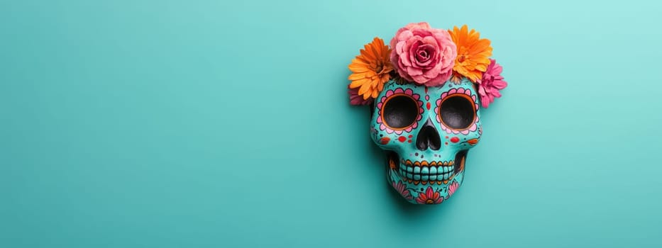 Decorative Day of the Dead sugar skull with vibrant flower crown on teal backdrop