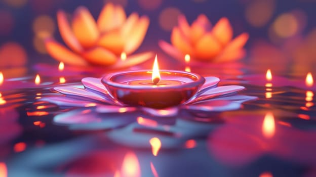 Floating lotus flower candles on water with bokeh background. Concept of relaxation, spa, meditation, and tranquility