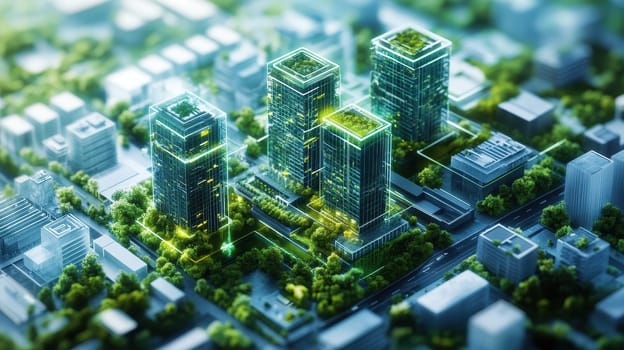Aerial view of a futuristic cityscape featuring green skyscrapers integrated with nature. Concept of sustainability, urban planning, and eco friendly architecture