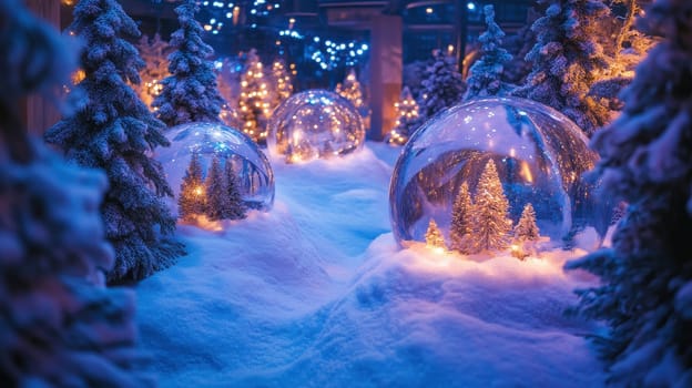Christmas snow globes in a winter. Festive holiday scene with snow, lights, and trees.
