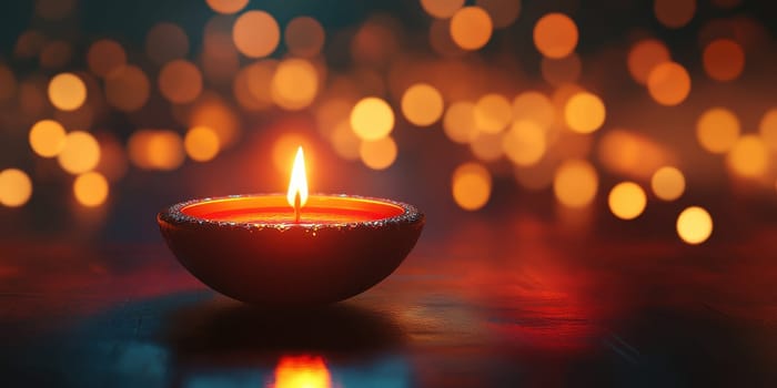 Lit Diya with Defocused Bokeh Lights in the Background. Concept of Festivity, Celebration, and Tradition