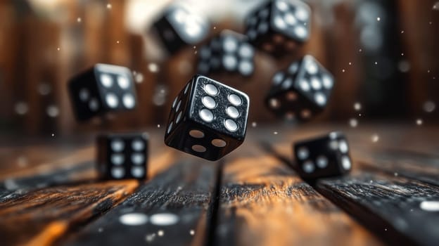 Black dice falling on a wooden table,  Concept of chance, gambling, and risk