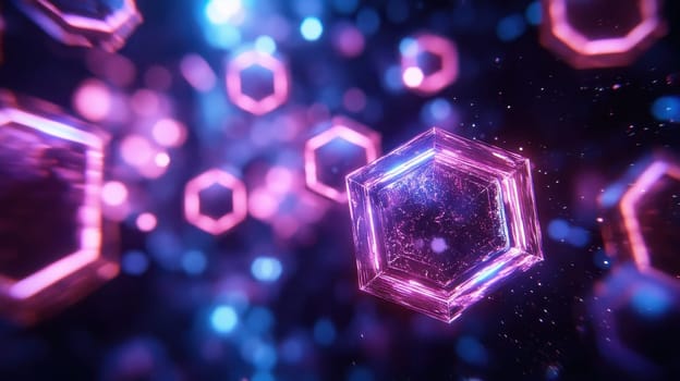 Abstract background with glowing neon hexagons. Futuristic technology concept.