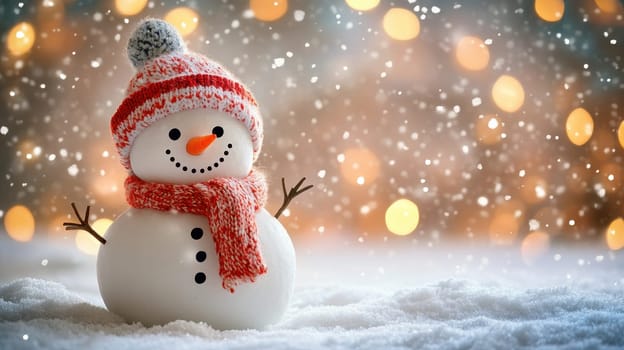 Cute snowman in a red hat and scarf on a snowy winter background with bokeh lights. Concept of Christmas, holiday, and winter season.