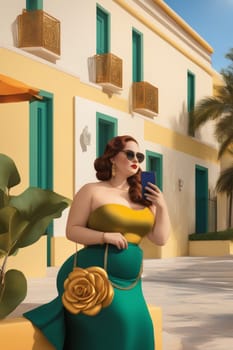 iilustration poster of voluptous female model using smartphone outdoors in a yard in caribbean villa generative ai art