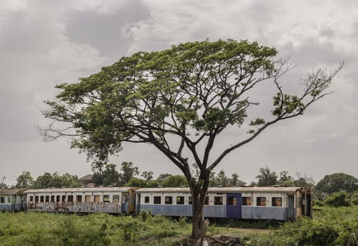 Bangkok, Thailand - May 28,2022 - View of vintage railroad container is parked in wasteland with sky background. The empty old rusty passenger train and abandoned, Space for text, Selective focus.
