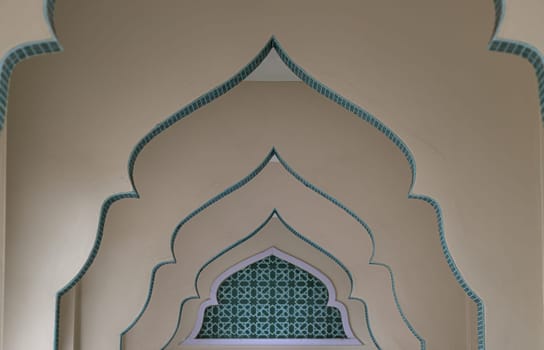 Bangkok, Thailand - May 28,2022 - Leading lines or curve of interior design elements of Bang O mosque. Perspective architecture and art concept, Space for text, Selective focus.