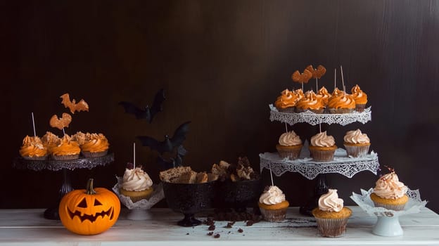 A table with a pumpkin and a black bowl of treats, including cupcakes and cookies. The treats are decorated with orange frosting and black decorations, giving the impression of a Halloween party