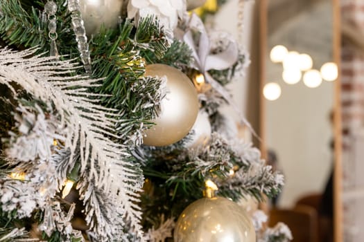 New Year. Christmas. Christmas tree. New Year's toys. Holiday. Interior. Decor. New Year's decor. Garlands Background.