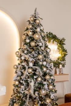 New Year. Christmas. Christmas tree. New Year's toys. Holiday. Interior. Decor. New Year's decor. Garlands Background.