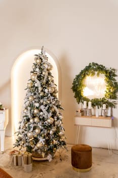 New Year. Christmas. Christmas tree. New Year's toys. Holiday. Interior. Decor. New Year's decor. Garlands Background.
