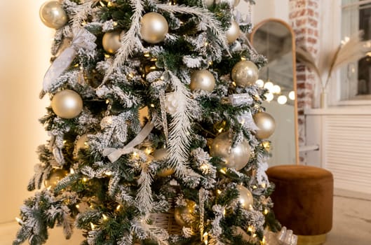 New Year. Christmas. Christmas tree. New Year's toys. Holiday. Interior. Decor. New Year's decor. Garlands Background.