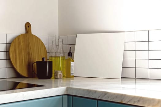 Modern kitchen with a sleek counter, cutting board, bottles, and a blank poster against a white tiled wall, perfect for cooking and product placement