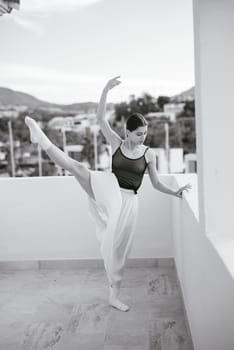 A skilled dancer beautifully poses in elegant ballet attire, showcasing their grace against a stunning backdrop