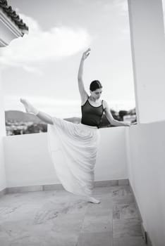 A poised ballet dancer gracefully showcases her elegance and skill against a beautiful scenic backdrop